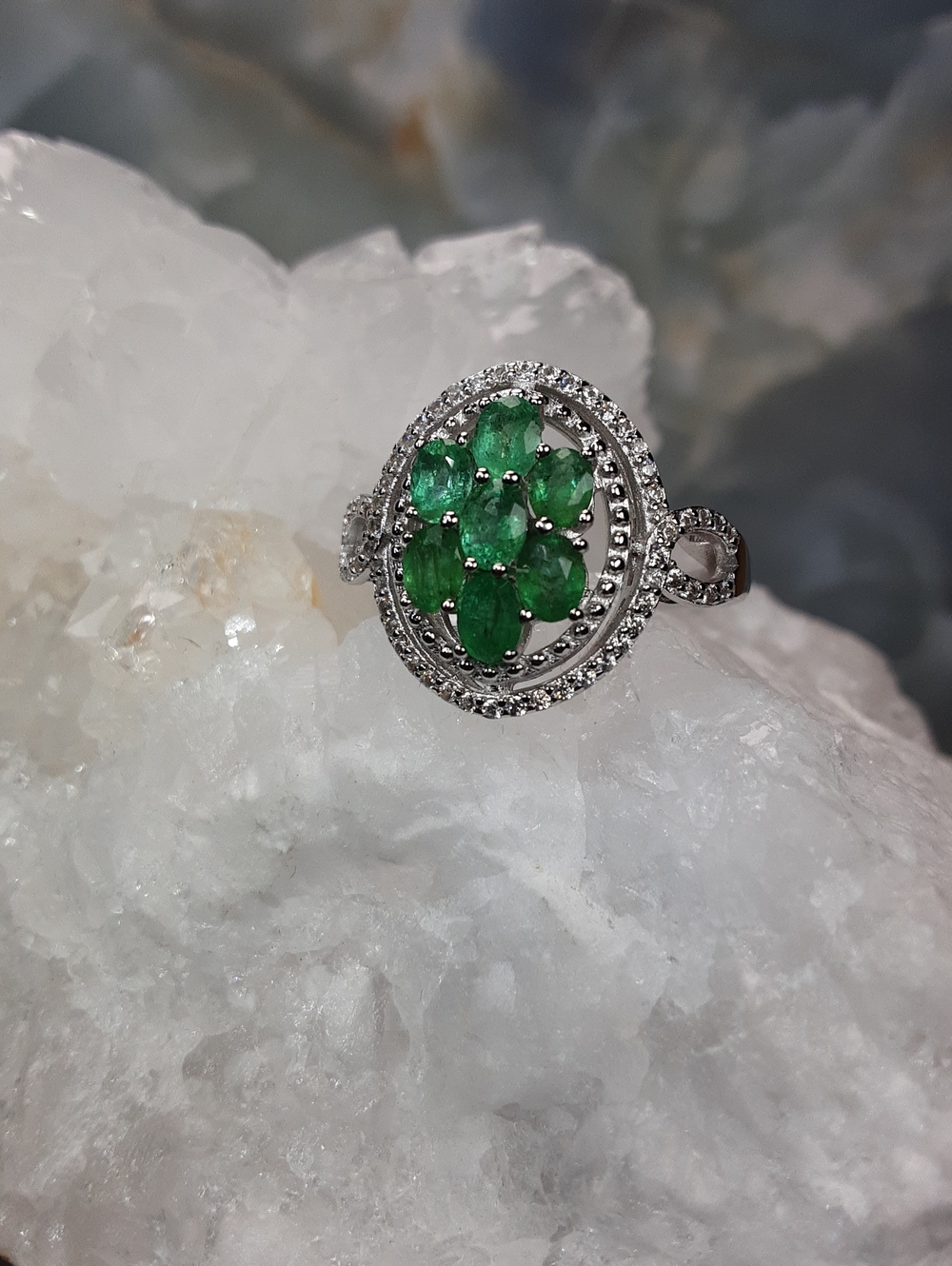 925 Emerald, Zircon Ring.